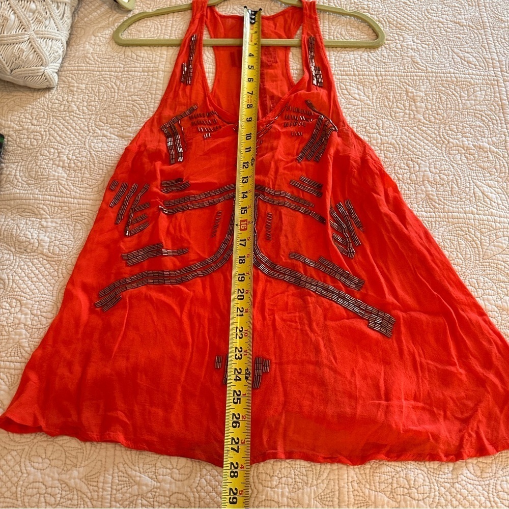 Free People Red Orange Gold Beaded Embellished Tank Top Tunic Festival Summer